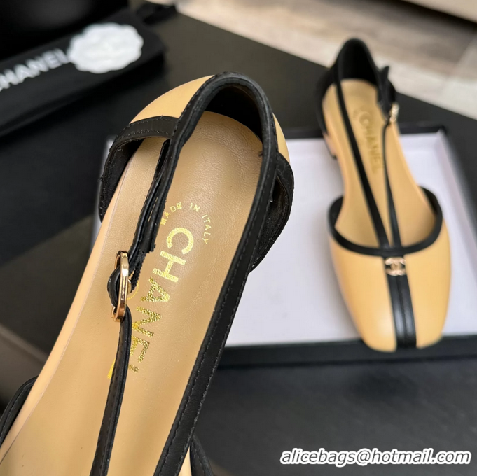 Trendy Design Chanel CC Logo Beige Calfskin Leather T Strap Flat Shoes 6052204