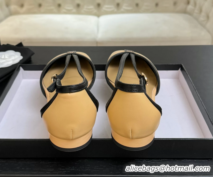 Trendy Design Chanel CC Logo Beige Calfskin Leather T Strap Flat Shoes 6052204
