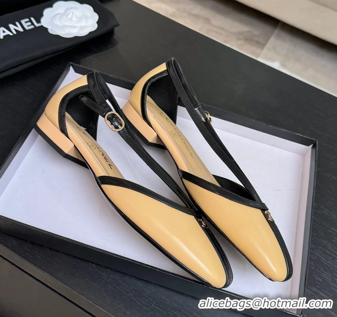 Trendy Design Chanel CC Logo Beige Calfskin Leather T Strap Flat Shoes 6052204