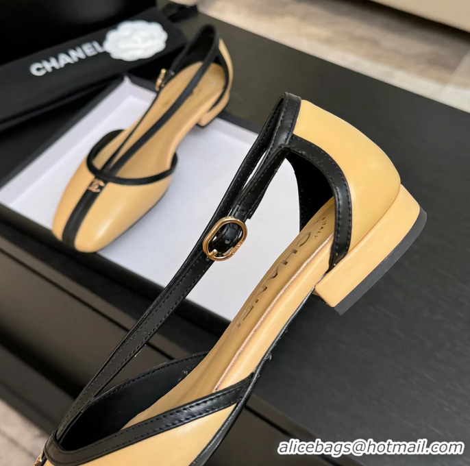 Trendy Design Chanel CC Logo Beige Calfskin Leather T Strap Flat Shoes 6052204
