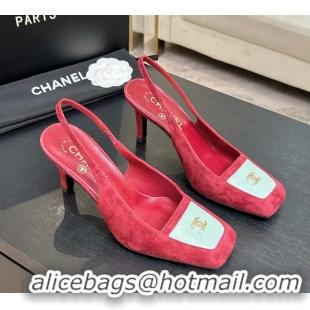 Buy Discount Chanel CC Logo Red Suede Leather Slingback Pumps 6052205