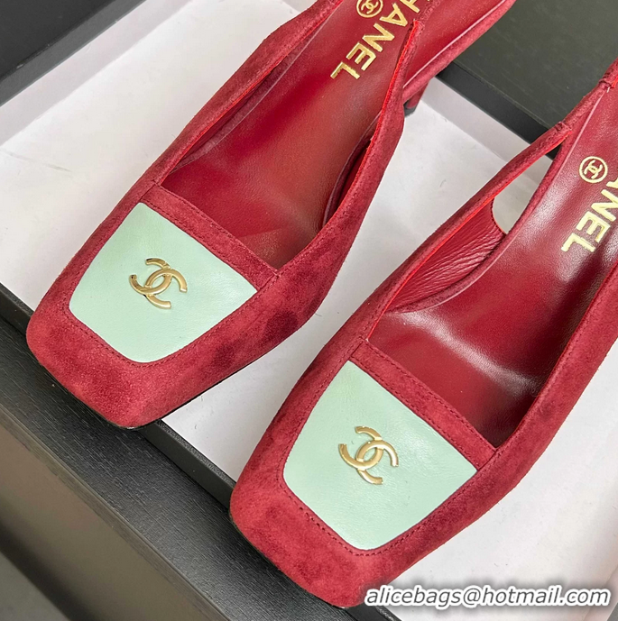 Buy Discount Chanel CC Logo Red Suede Leather Slingback Pumps 6052205
