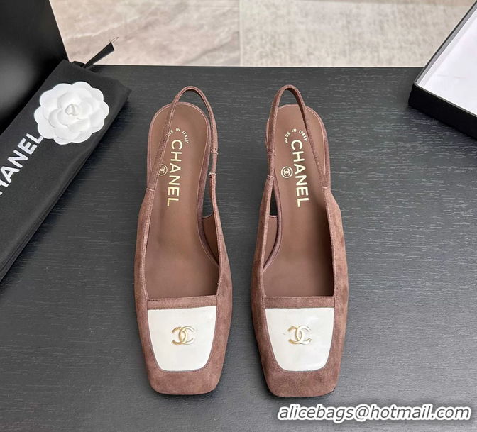 Buy New Cheap Chanel CC Logo Brown Suede Leather Slingback Pumps 6052205