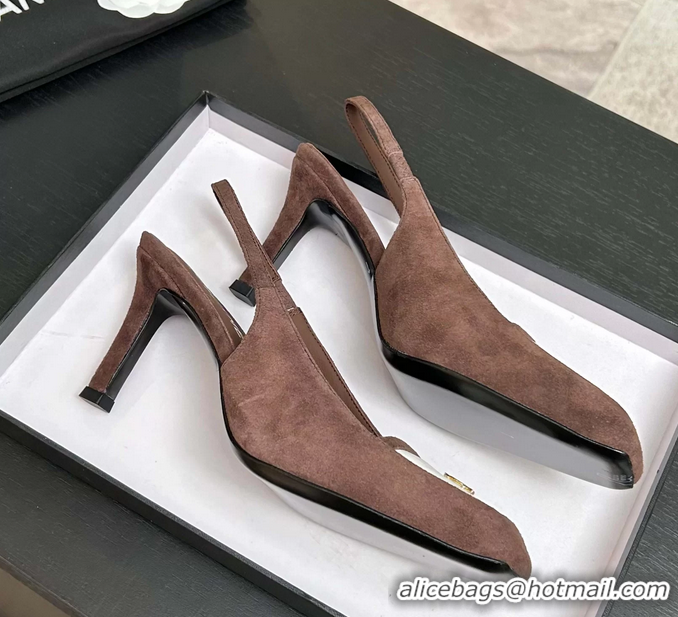 Buy New Cheap Chanel CC Logo Brown Suede Leather Slingback Pumps 6052205