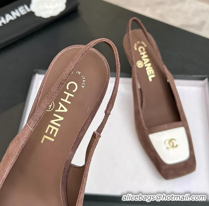 Buy New Cheap Chanel CC Logo Brown Suede Leather Slingback Pumps 6052205
