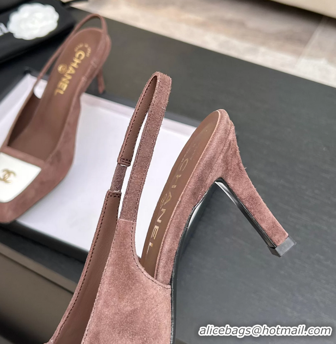Buy New Cheap Chanel CC Logo Brown Suede Leather Slingback Pumps 6052205