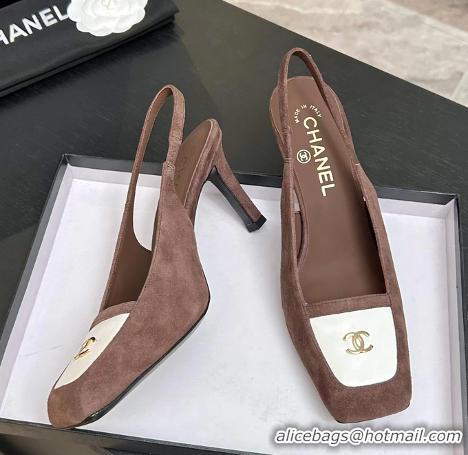 Buy New Cheap Chanel CC Logo Brown Suede Leather Slingback Pumps 6052205