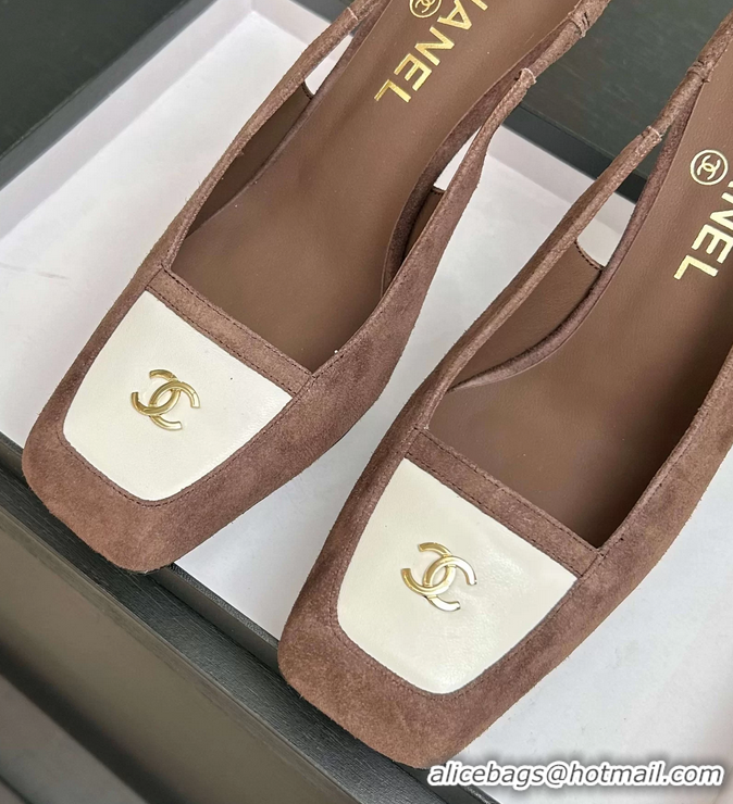 Buy New Cheap Chanel CC Logo Brown Suede Leather Slingback Pumps 6052205