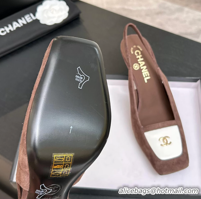 Buy New Cheap Chanel CC Logo Brown Suede Leather Slingback Pumps 6052205