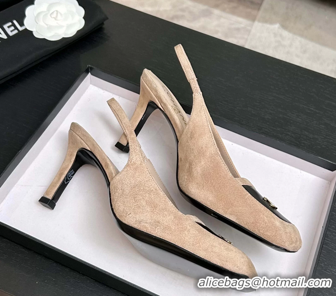 Comfortable Chanel CC Logo Beige Suede Leather Slingback Pumps 6052205