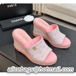 Trendy Design Chanel CC Logo Pink Tweed Wedge Sandals 6052206