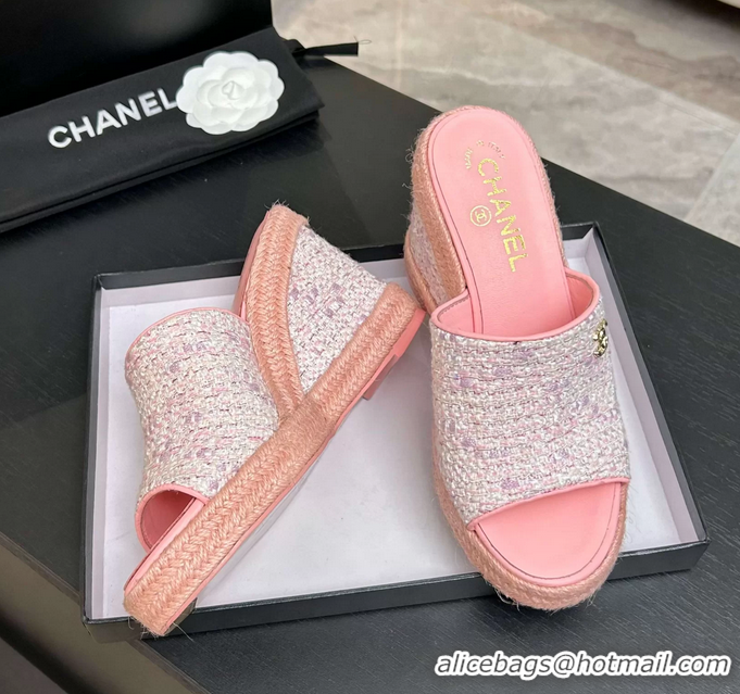Trendy Design Chanel CC Logo Pink Tweed Wedge Sandals 6052206