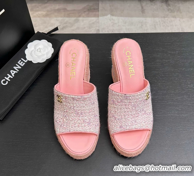 Trendy Design Chanel CC Logo Pink Tweed Wedge Sandals 6052206