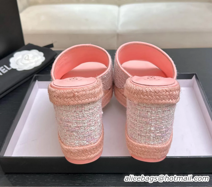 Trendy Design Chanel CC Logo Pink Tweed Wedge Sandals 6052206