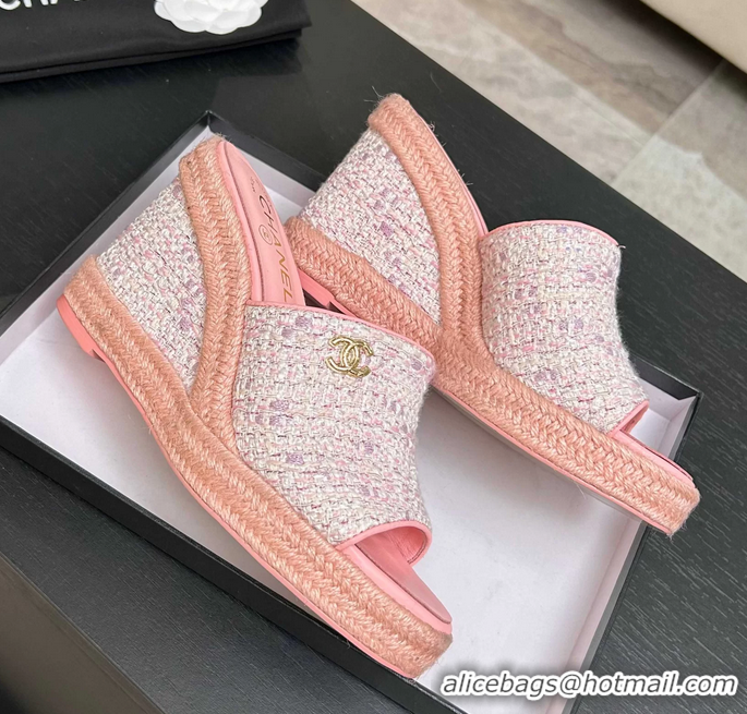 Trendy Design Chanel CC Logo Pink Tweed Wedge Sandals 6052206