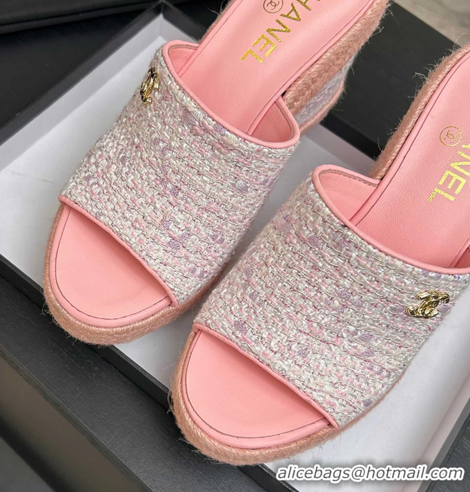 Trendy Design Chanel CC Logo Pink Tweed Wedge Sandals 6052206