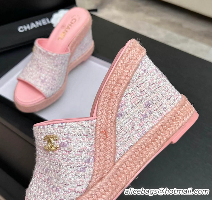 Trendy Design Chanel CC Logo Pink Tweed Wedge Sandals 6052206