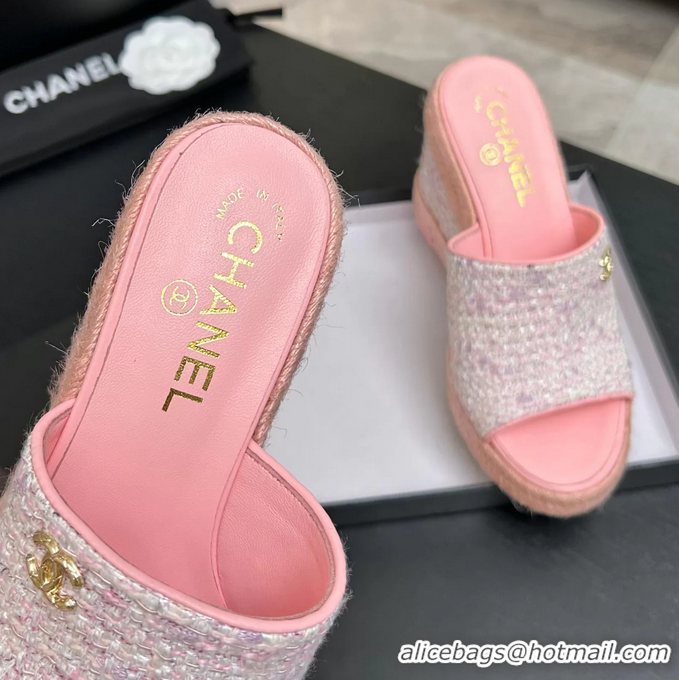 Trendy Design Chanel CC Logo Pink Tweed Wedge Sandals 6052206