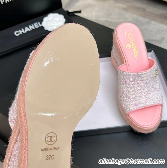 Trendy Design Chanel CC Logo Pink Tweed Wedge Sandals 6052206
