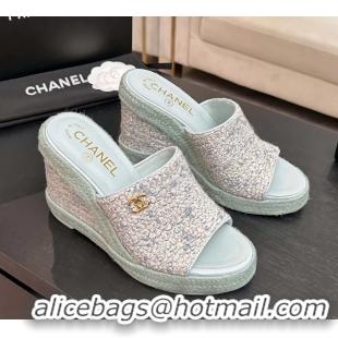 Crafted Chanel CC Logo Light Blue Tweed Wedge Sandals 6052206