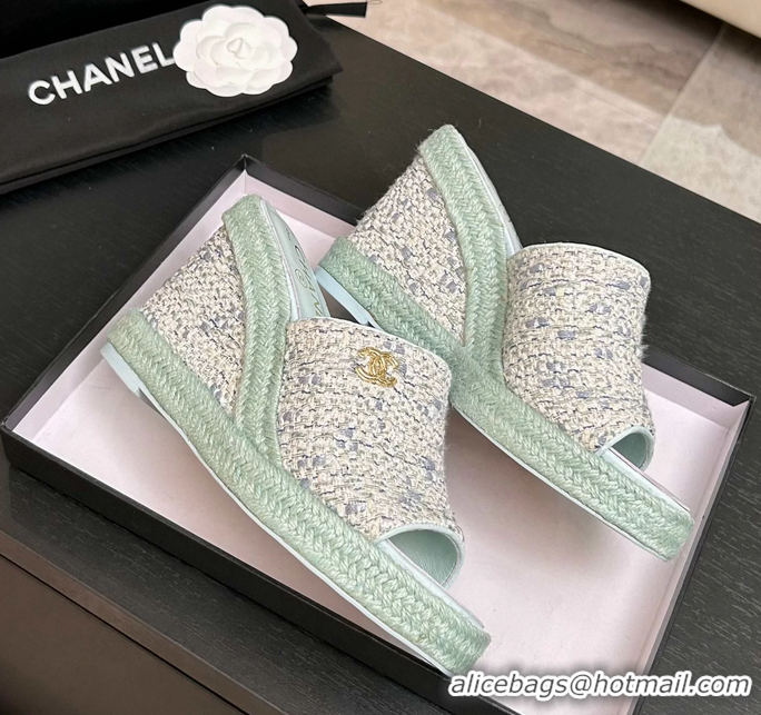 Crafted Chanel CC Logo Light Blue Tweed Wedge Sandals 6052206