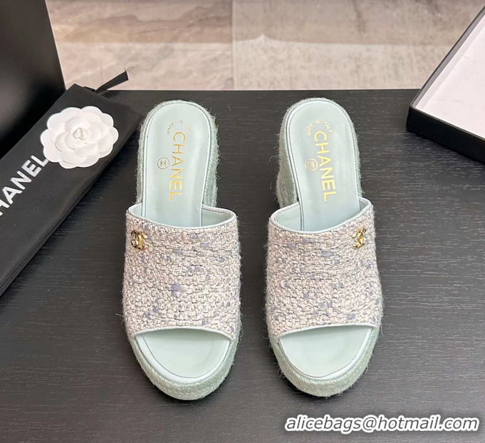 Crafted Chanel CC Logo Light Blue Tweed Wedge Sandals 6052206