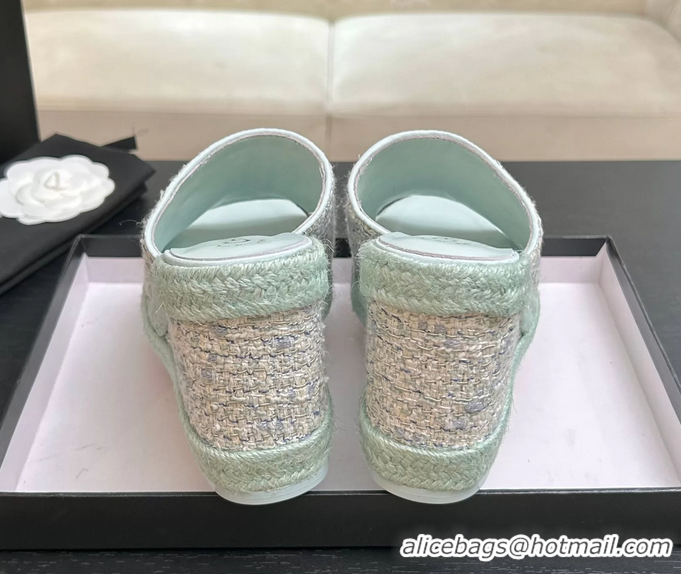 Crafted Chanel CC Logo Light Blue Tweed Wedge Sandals 6052206