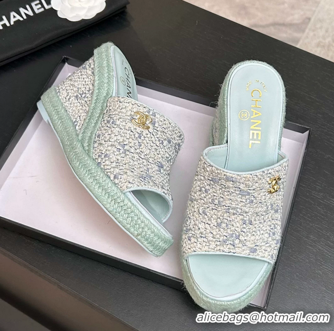 Crafted Chanel CC Logo Light Blue Tweed Wedge Sandals 6052206