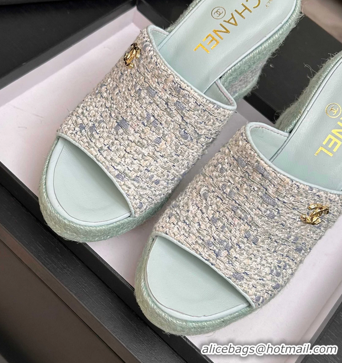 Crafted Chanel CC Logo Light Blue Tweed Wedge Sandals 6052206