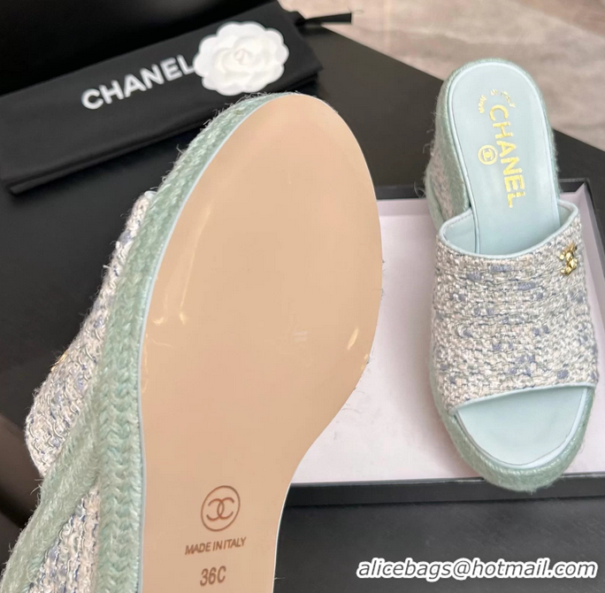 Crafted Chanel CC Logo Light Blue Tweed Wedge Sandals 6052206