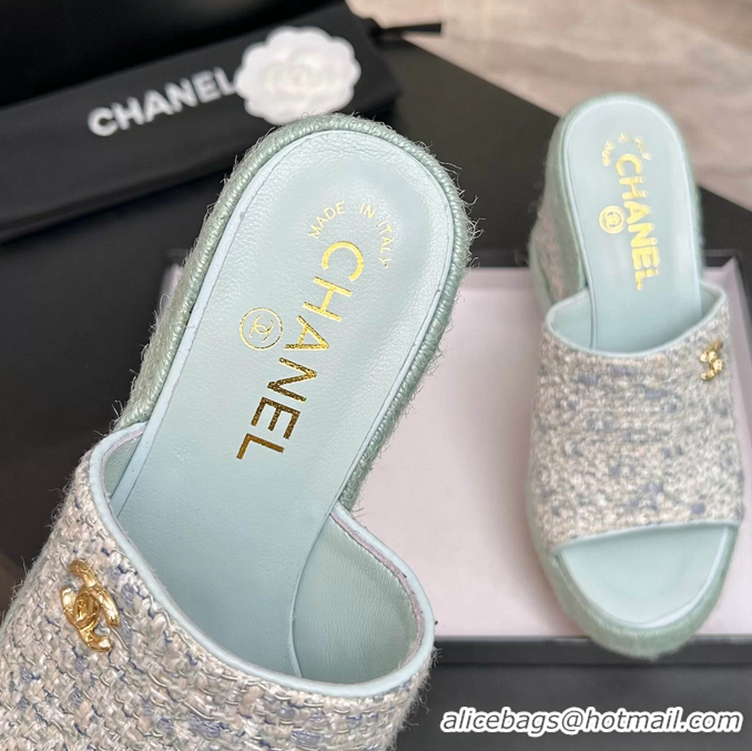 Crafted Chanel CC Logo Light Blue Tweed Wedge Sandals 6052206