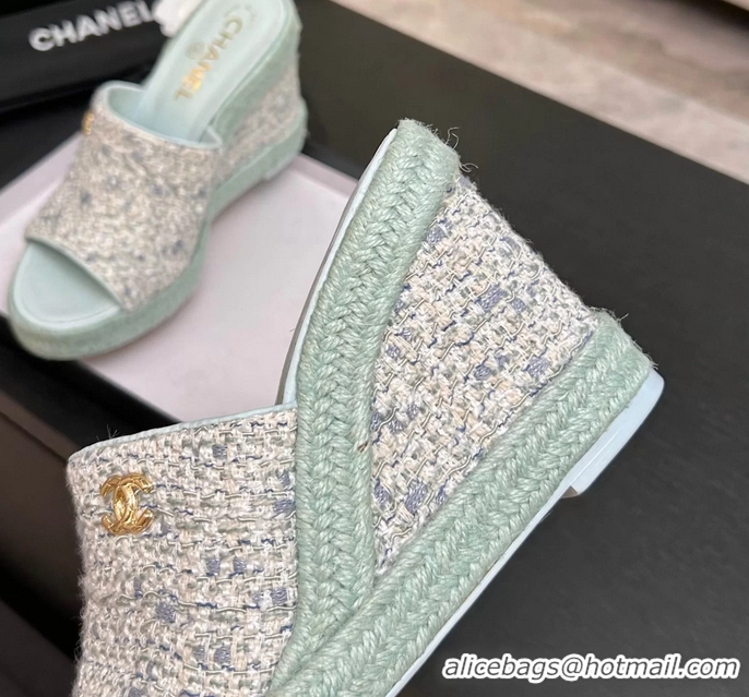 Crafted Chanel CC Logo Light Blue Tweed Wedge Sandals 6052206
