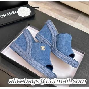 Fashion Chanel CC Logo Denim Blue Fabric Wedge Sandals 6052206