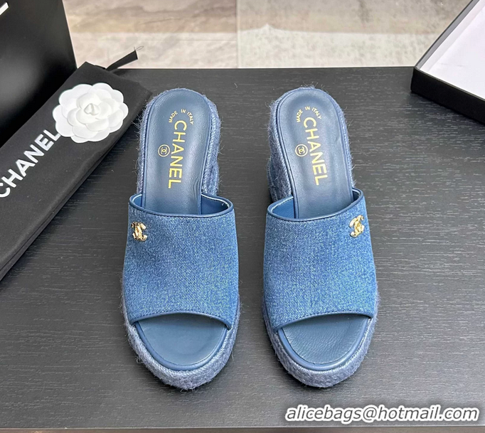 Fashion Chanel CC Logo Denim Blue Fabric Wedge Sandals 6052206