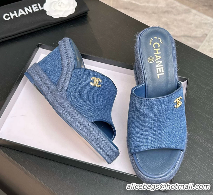 Fashion Chanel CC Logo Denim Blue Fabric Wedge Sandals 6052206