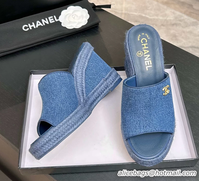 Fashion Chanel CC Logo Denim Blue Fabric Wedge Sandals 6052206