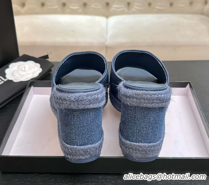 Fashion Chanel CC Logo Denim Blue Fabric Wedge Sandals 6052206