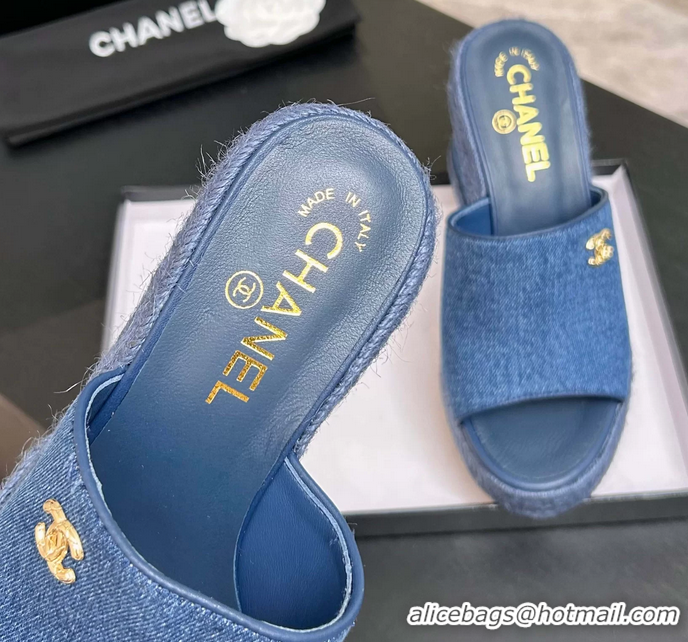 Fashion Chanel CC Logo Denim Blue Fabric Wedge Sandals 6052206