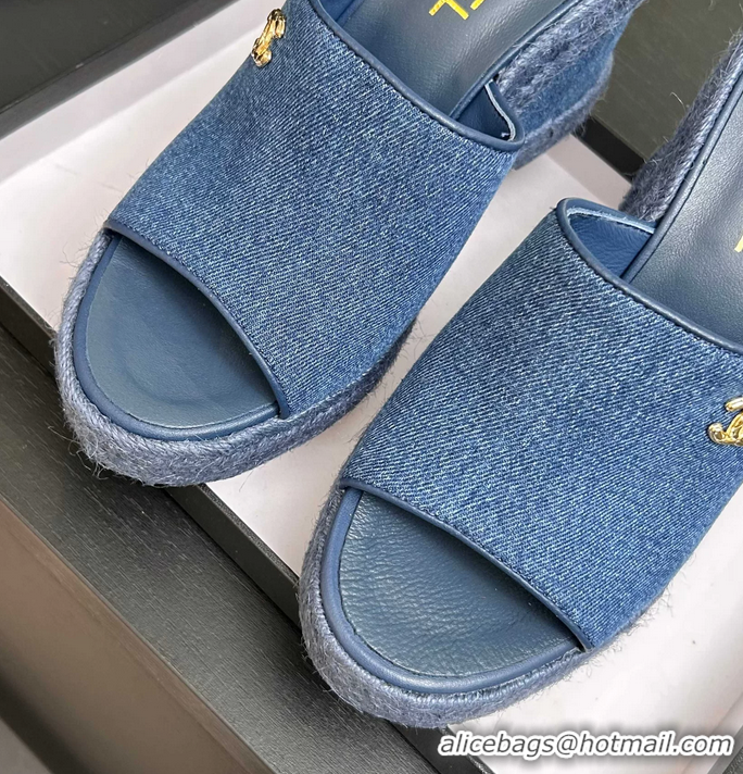 Fashion Chanel CC Logo Denim Blue Fabric Wedge Sandals 6052206
