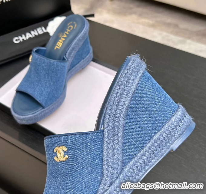 Fashion Chanel CC Logo Denim Blue Fabric Wedge Sandals 6052206