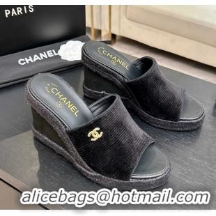 Lower Price Chanel CC Logo Black Velvet Wedge Sandals 6052206