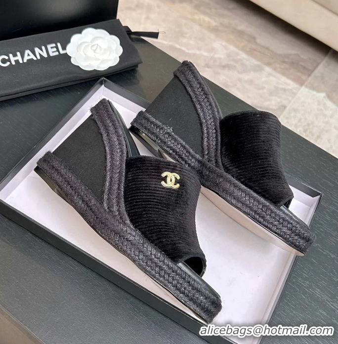 Lower Price Chanel CC Logo Black Velvet Wedge Sandals 6052206