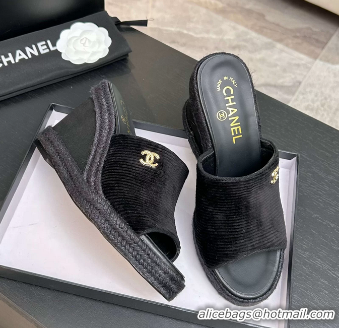Lower Price Chanel CC Logo Black Velvet Wedge Sandals 6052206