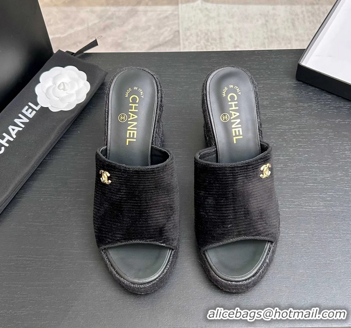 Lower Price Chanel CC Logo Black Velvet Wedge Sandals 6052206