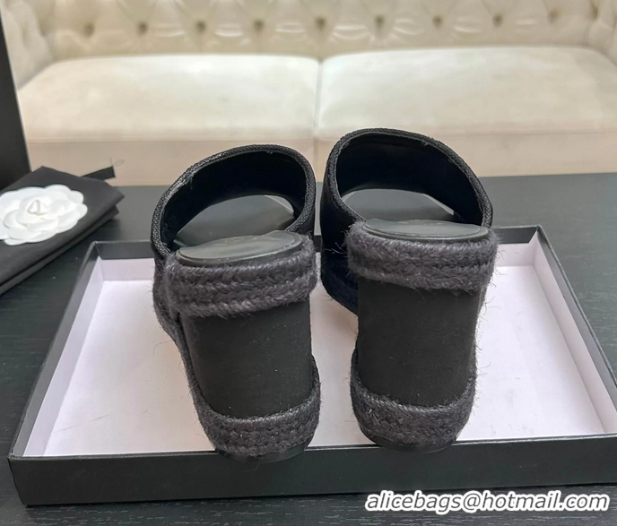 Lower Price Chanel CC Logo Black Velvet Wedge Sandals 6052206