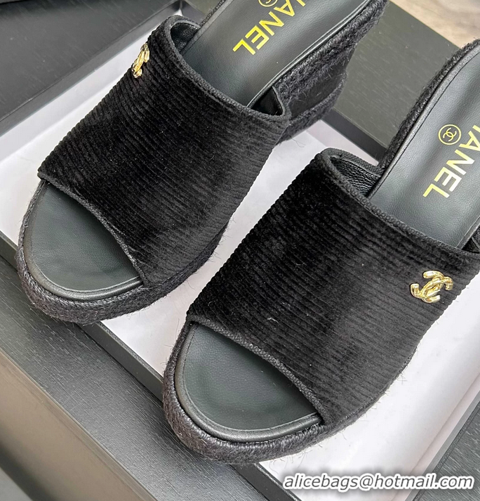 Lower Price Chanel CC Logo Black Velvet Wedge Sandals 6052206