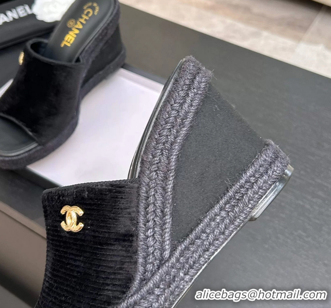 Lower Price Chanel CC Logo Black Velvet Wedge Sandals 6052206