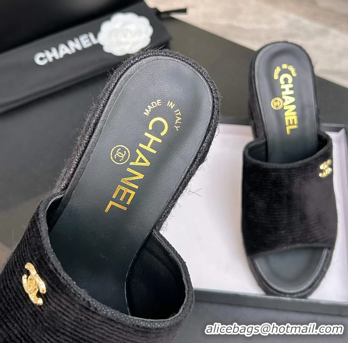 Lower Price Chanel CC Logo Black Velvet Wedge Sandals 6052206