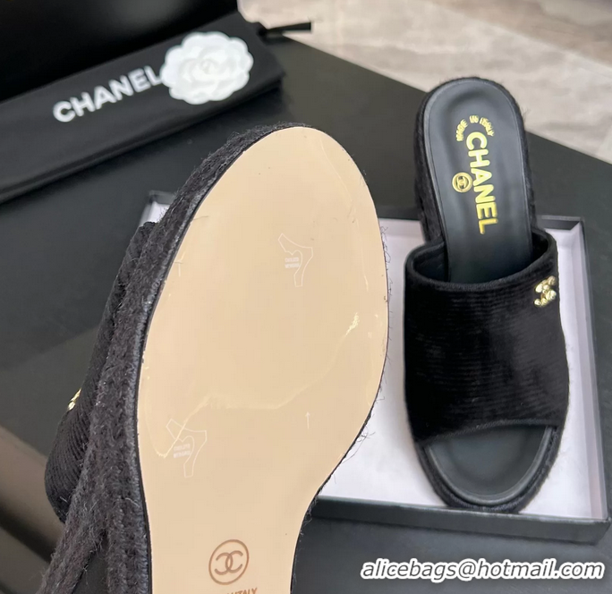 Lower Price Chanel CC Logo Black Velvet Wedge Sandals 6052206