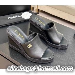Discount Chanel CC Logo Black Calfskin Leather Wedge Sandals 6052206